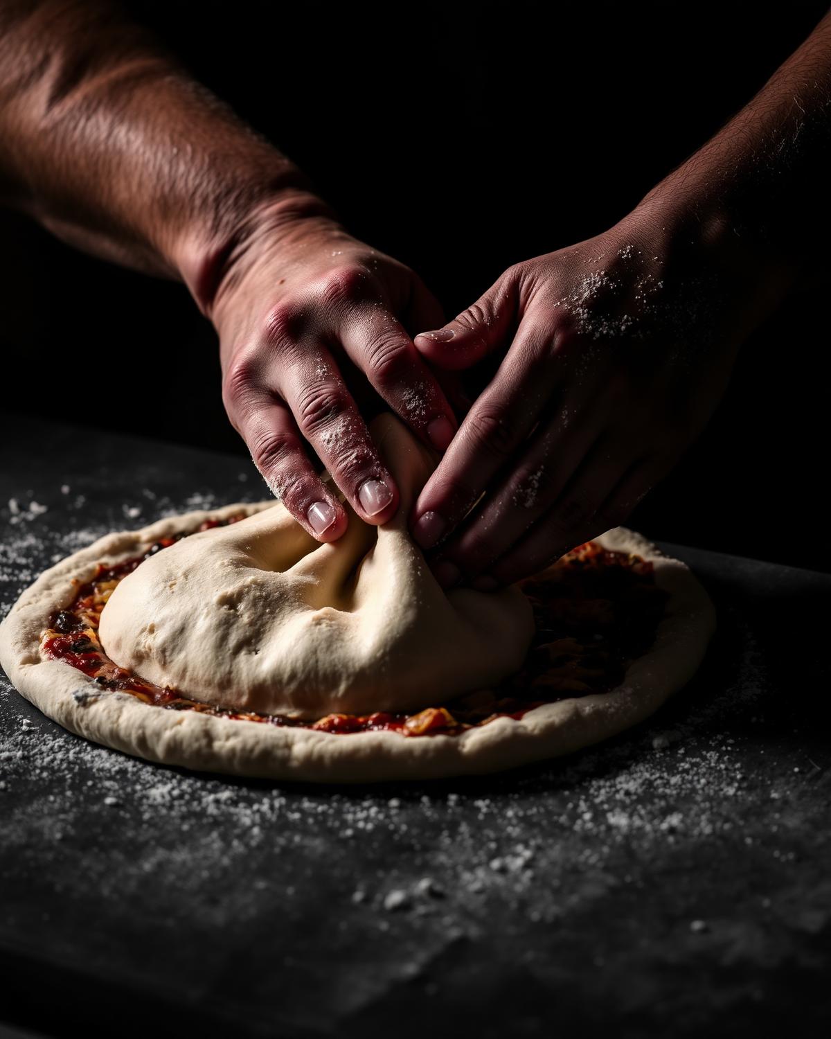 Hands stretching sourdough pizza dough