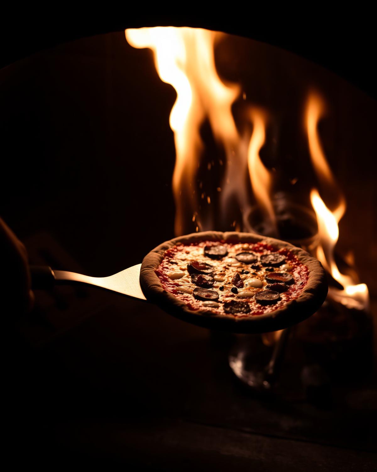 Peel pushing pizza into blazing wood fire
