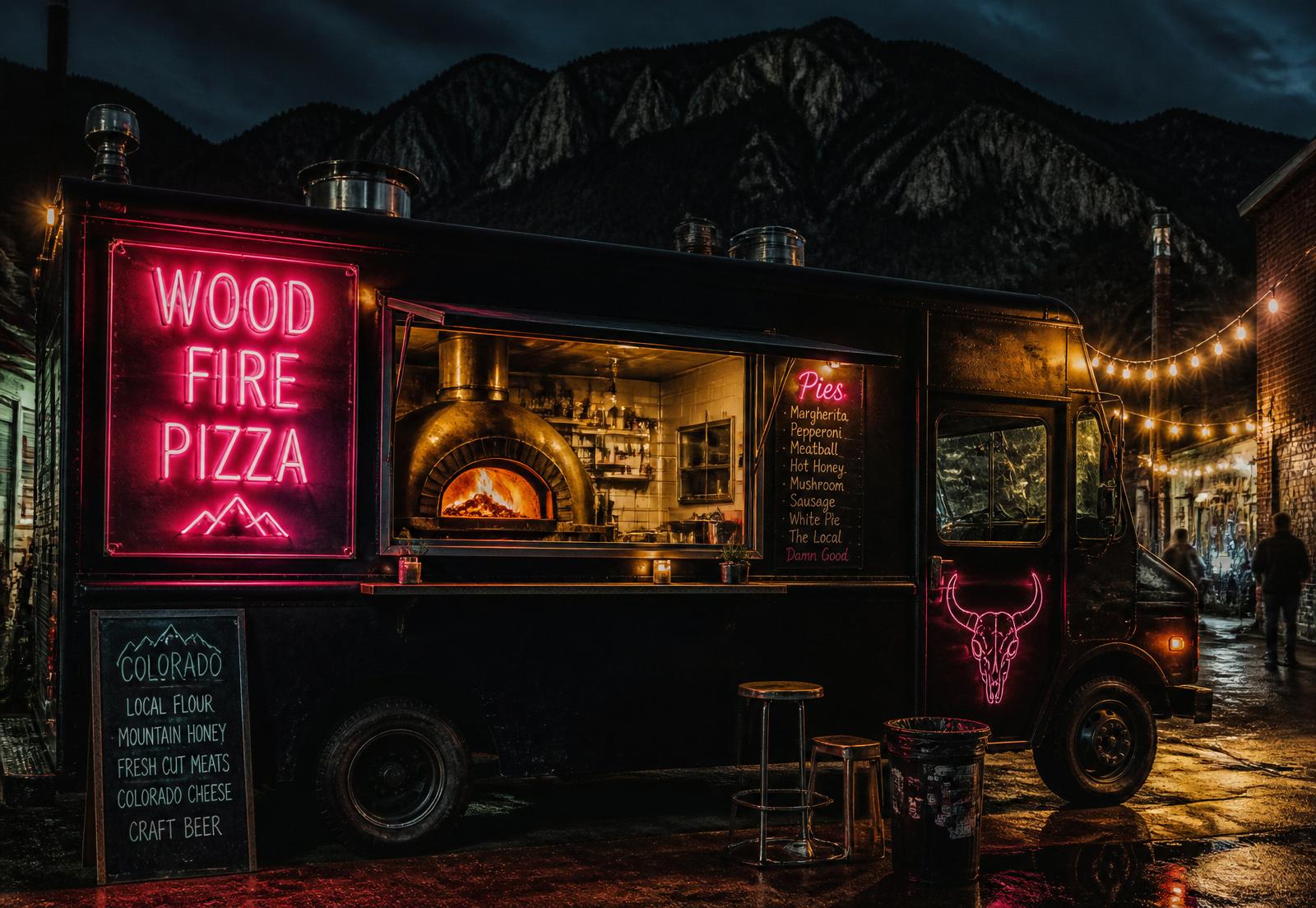 Dough Boyz Hot Box food truck at night